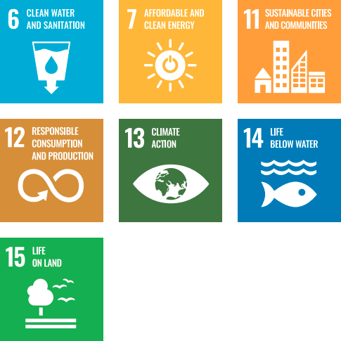 6 CLEAN WATER AND SANITATION 7 AFFORDABLE AND CLEAN ENERGY 11 SUSTAINABLE CITIES AND COMMUNITIES 12 RESPONSIBLE CONSUMPTION AND PRODUCTION 13 CLIMATE ACTION 14 LIFE BELOW WATER 15 LIFE ON LAND